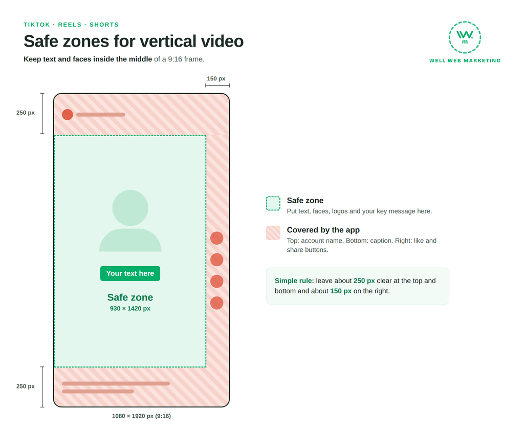 1080 × 1920 vertical video frame with the safe zone shaded for TikTok, Reels and Shorts
