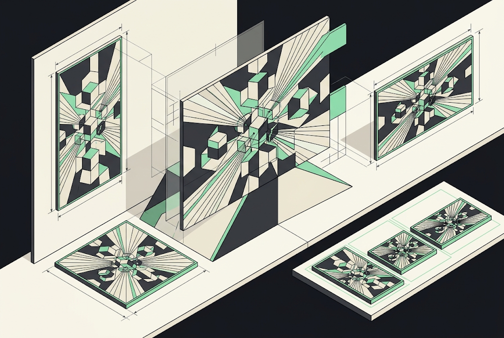 Isometric illustration showing geometric shapes bursting through picture frames in green, black, and cream tones
