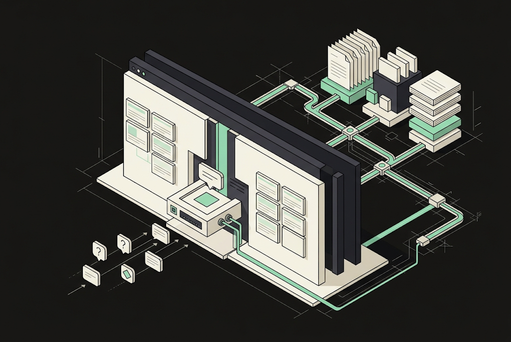 Isometric illustration of a smartphone displaying a chat interface connected to stacks of documents, representing an AI-powe…