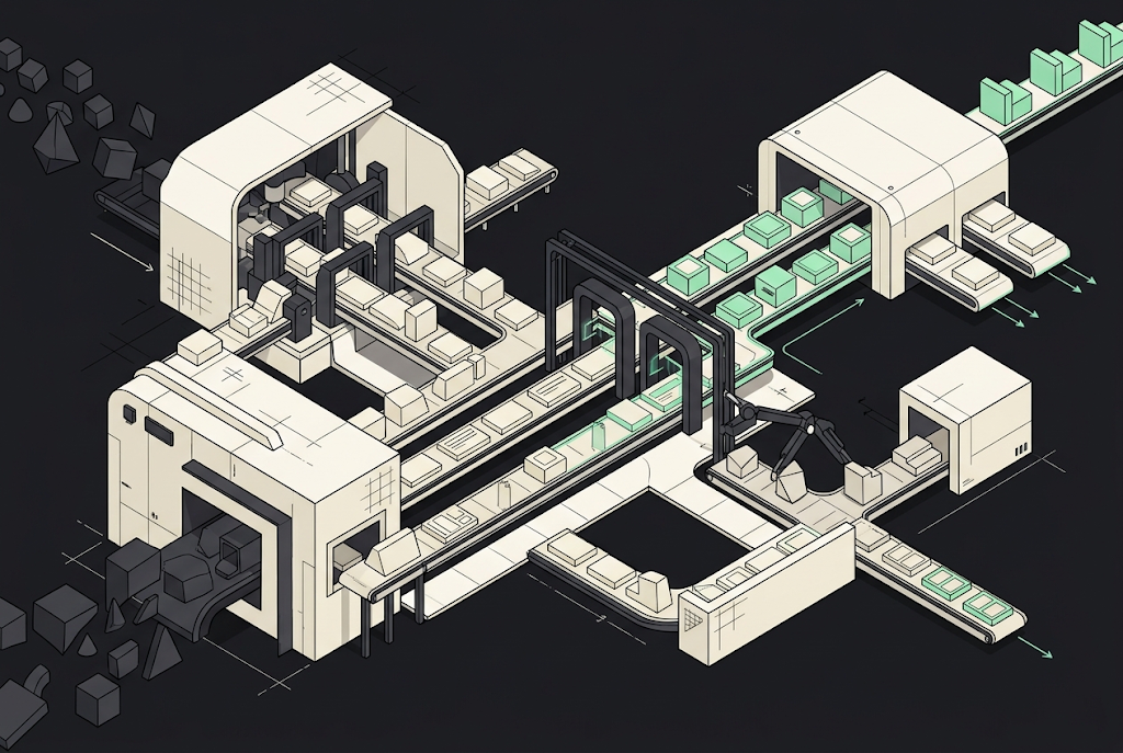 Isometric illustration of an abstract mechanical pipeline system representing automated content production workflow
