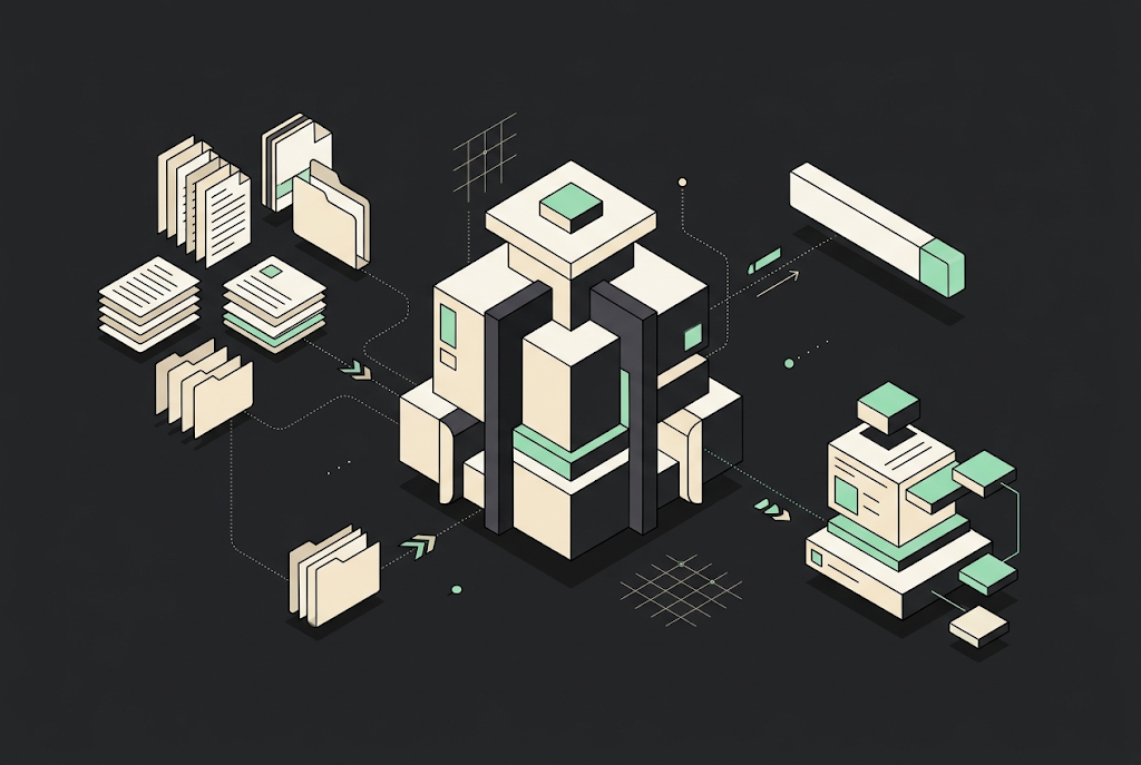 Isometric illustration of modular building blocks and document stacks representing internal knowledge systems and AI-powered…