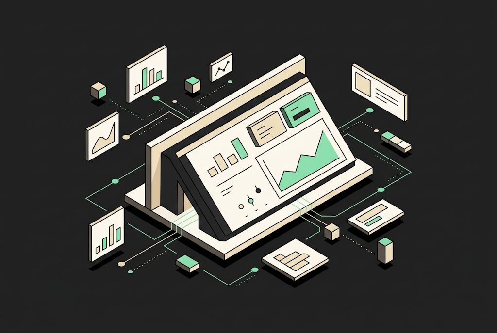 Isometric illustration of a tablet displaying analytics dashboards surrounded by floating charts and data visualizations