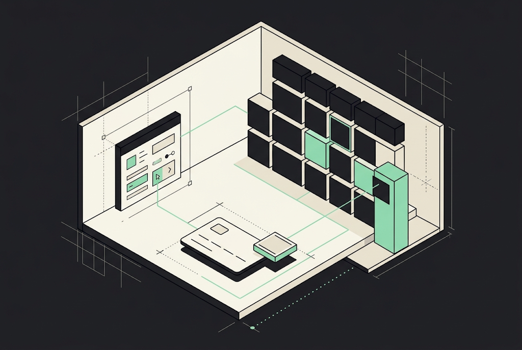 Isometric illustration of a minimalist room with a laptop, shelving unit, and mobile device displaying a calendar interface