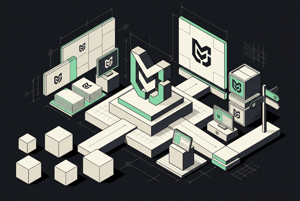 Isometric illustration of a branded workspace featuring a stylized M logo displayed on screens, posters, and blocks represen…