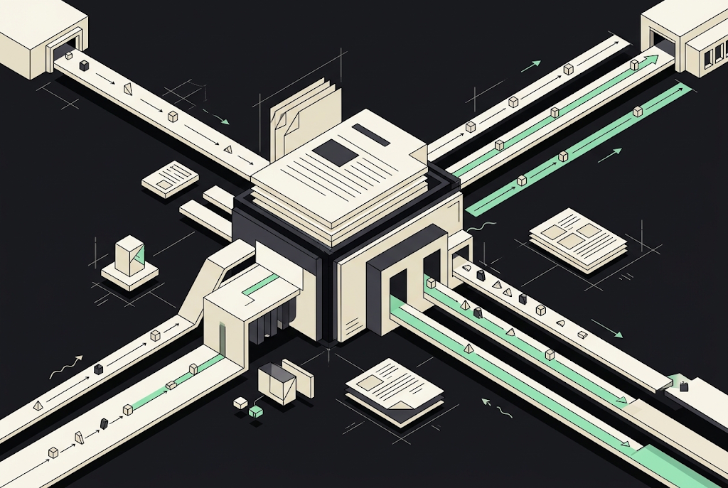 Isometric illustration of a central hub with roads and data streams connecting to surrounding buildings, representing integr…