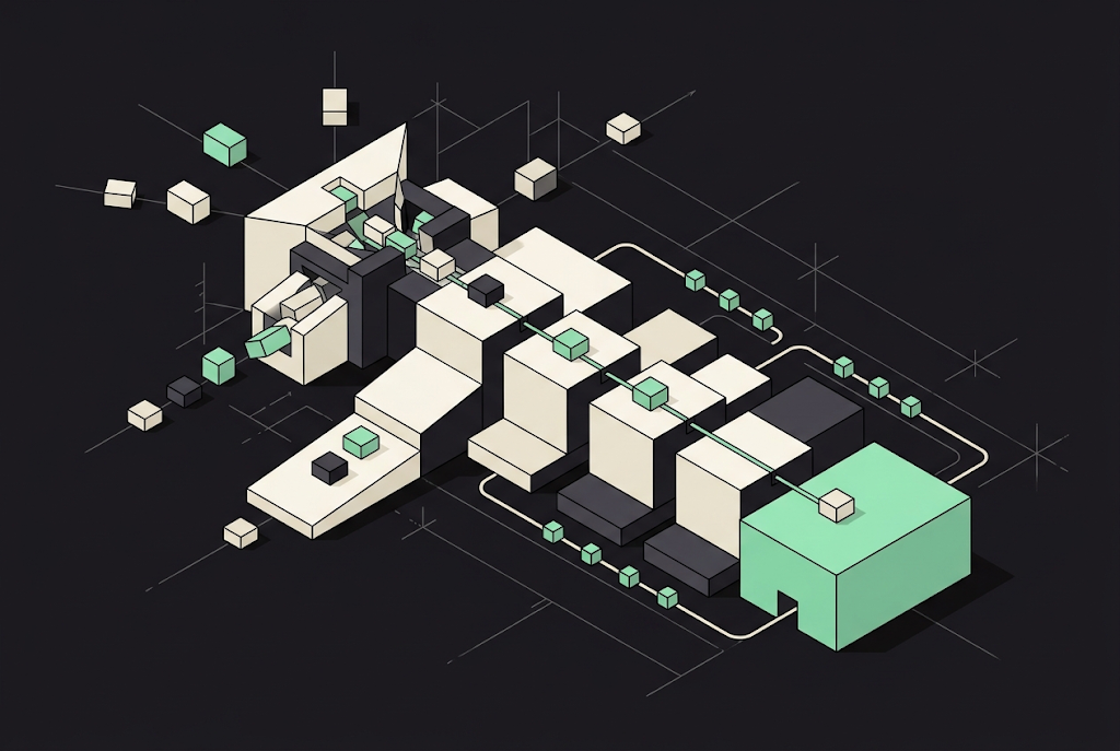Isometric illustration of interconnected business systems with data flowing between CRM modules, servers, and automation com…