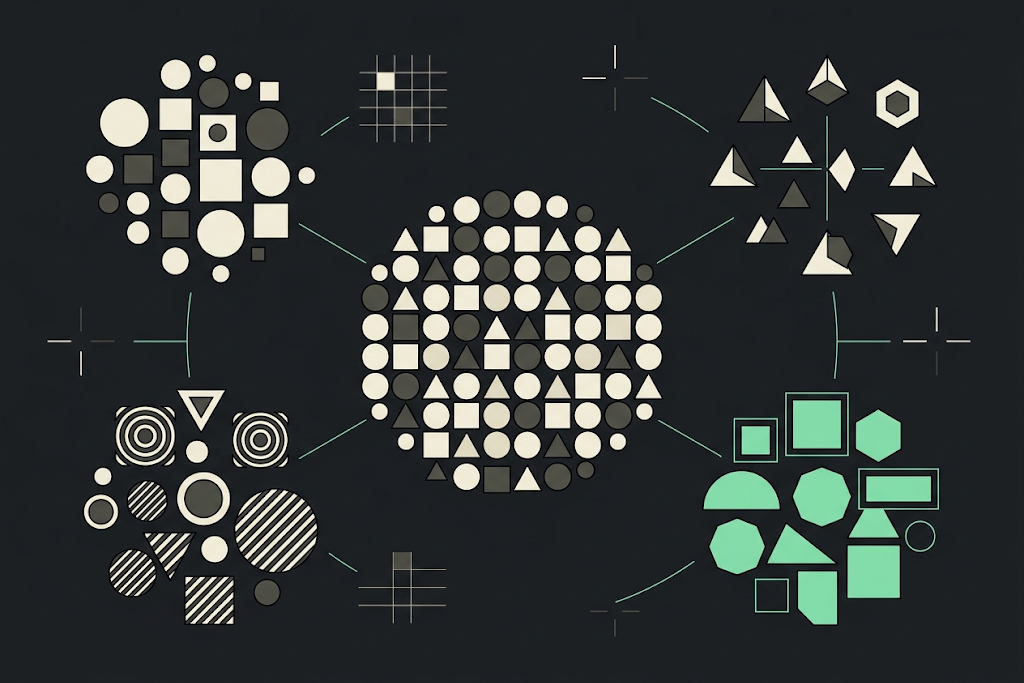Illustration of a mixed customer base split into four distinct segments grouped by shape and colour
