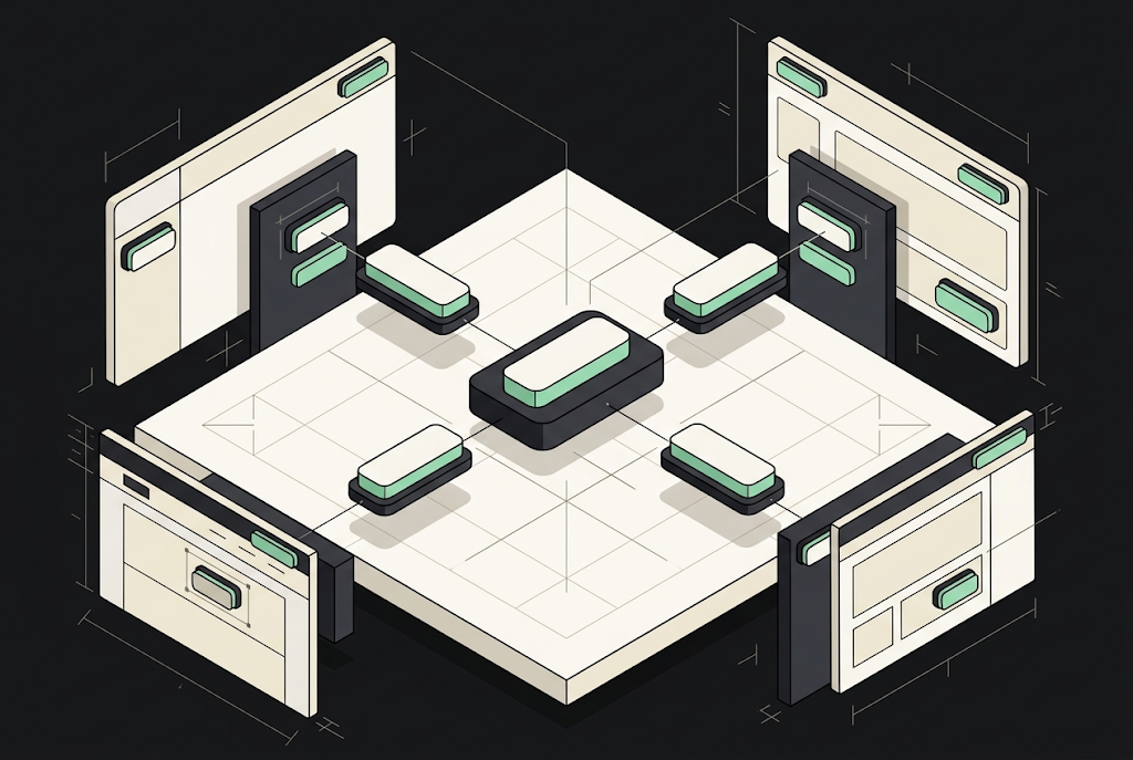 Isometric illustration of a modular design system with UI components arranged on a platform connected to display screens