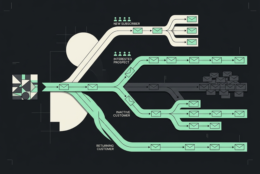 Flowchart diagram showing an automated email marketing workflow with branching paths based on subscriber actions