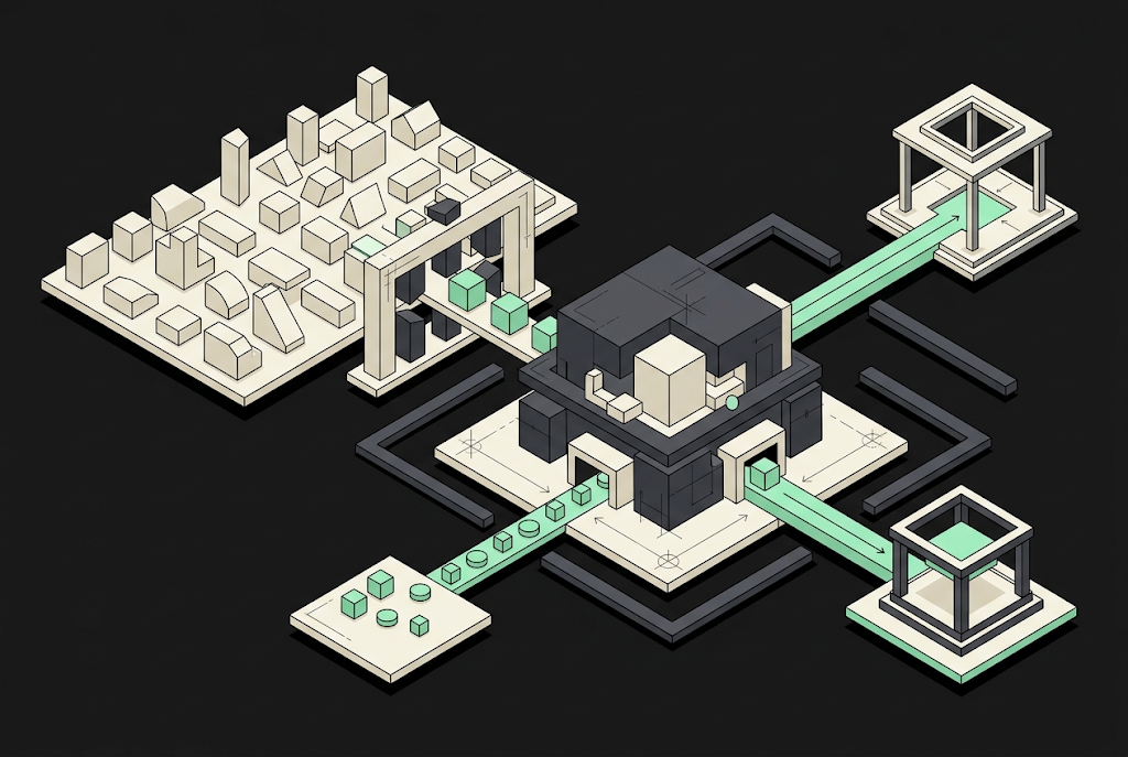 Isometric illustration showing connected digital marketing components including ad grids, analytics dashboards, and conversi…