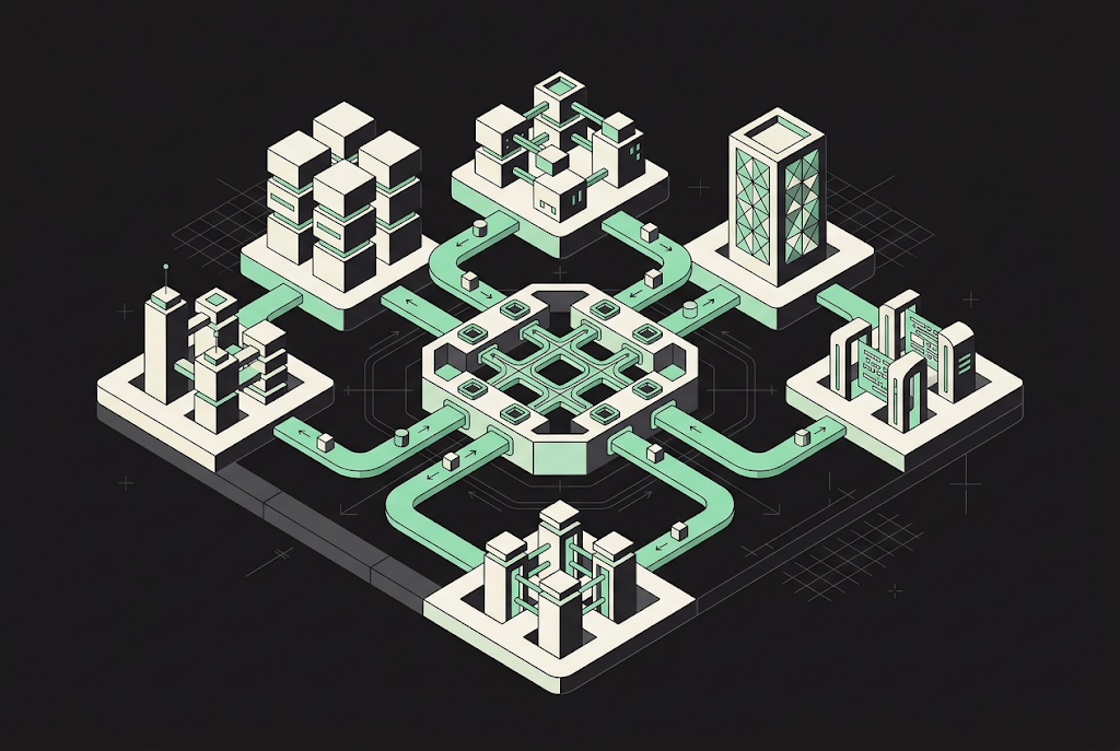 Isometric illustration showing building clusters connected by pathways, representing integrated systems and API connections