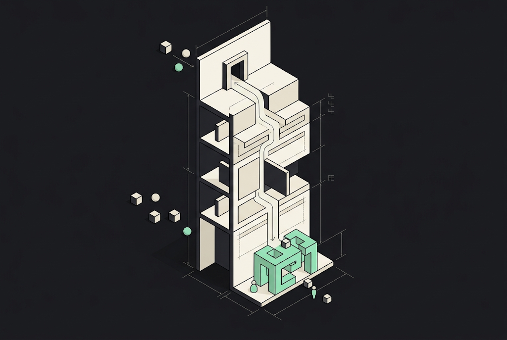 Isometric illustration of a tall modular tower made of interlocking cream-colored blocks with a glowing green cube at the ba…