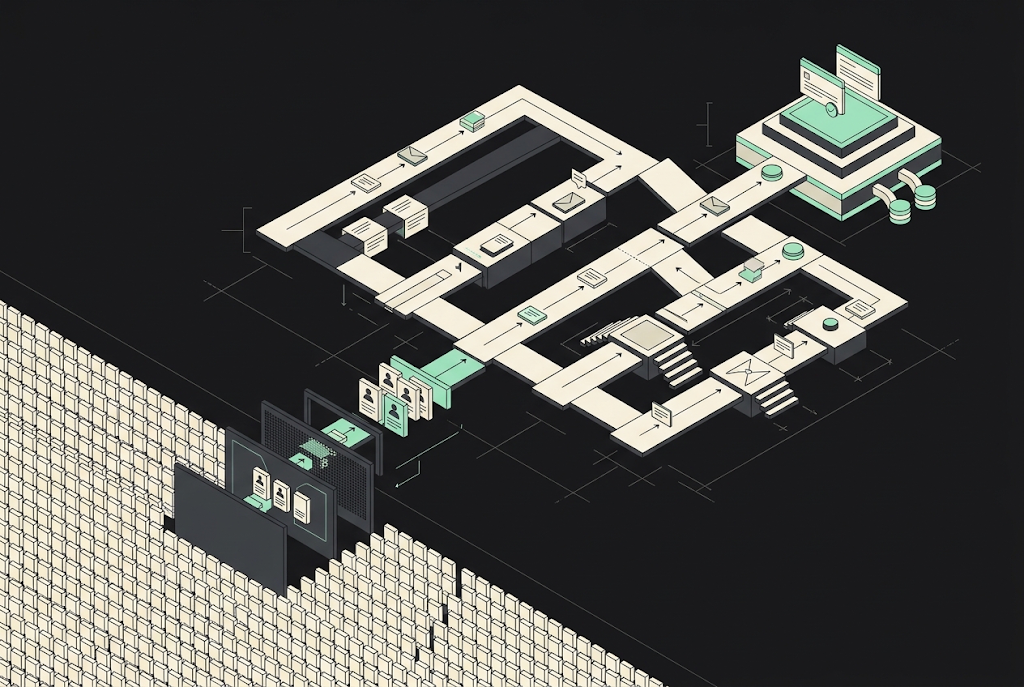 Isometric pixel art illustration of interconnected building structures representing a B2B lead generation system