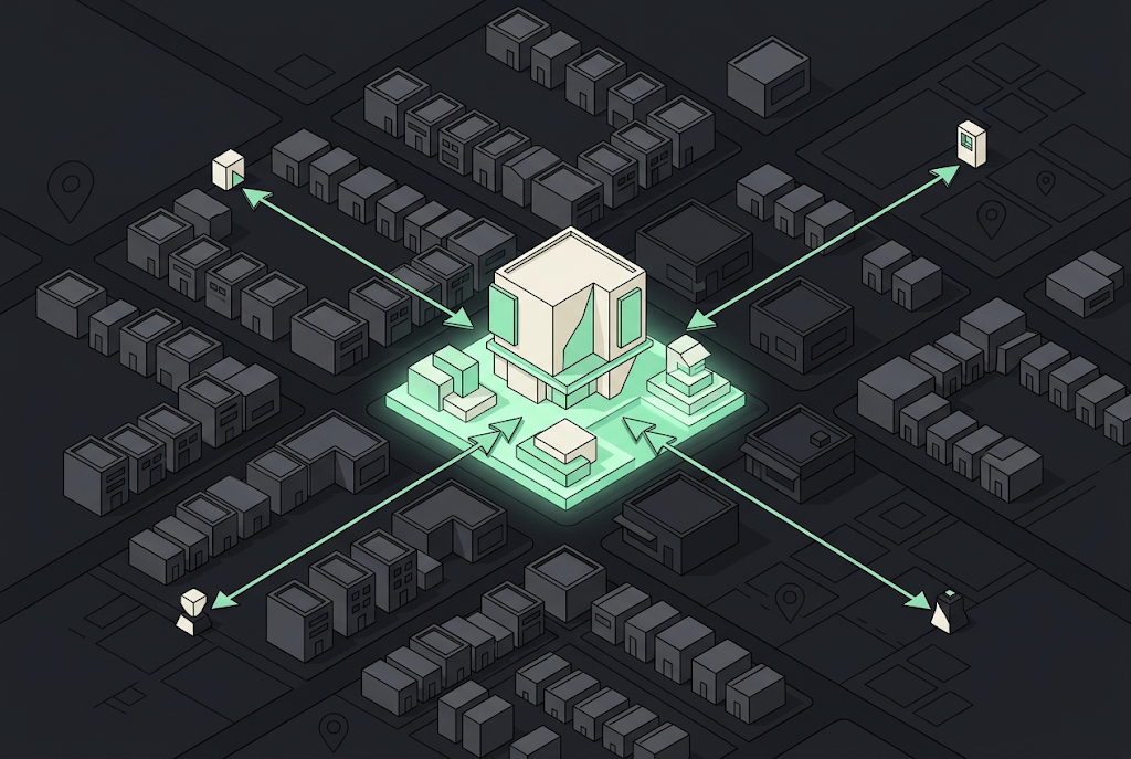 Isometric illustration showing a highlighted building at the center of a city grid connected by lines to surrounding structu…