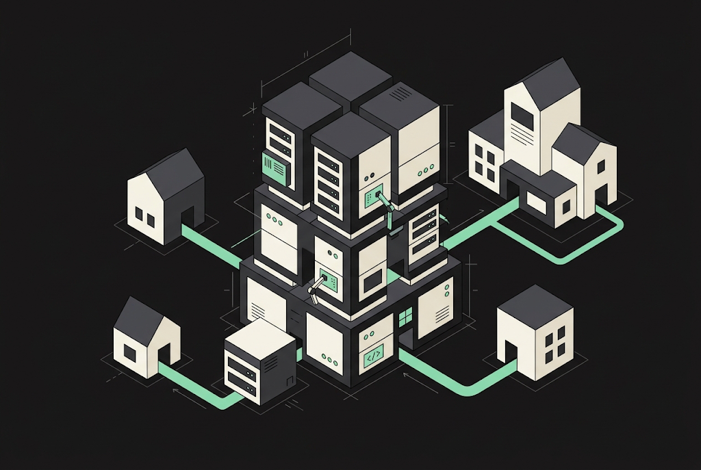 Isometric illustration of connected buildings representing a managed WordPress hosting network infrastructure