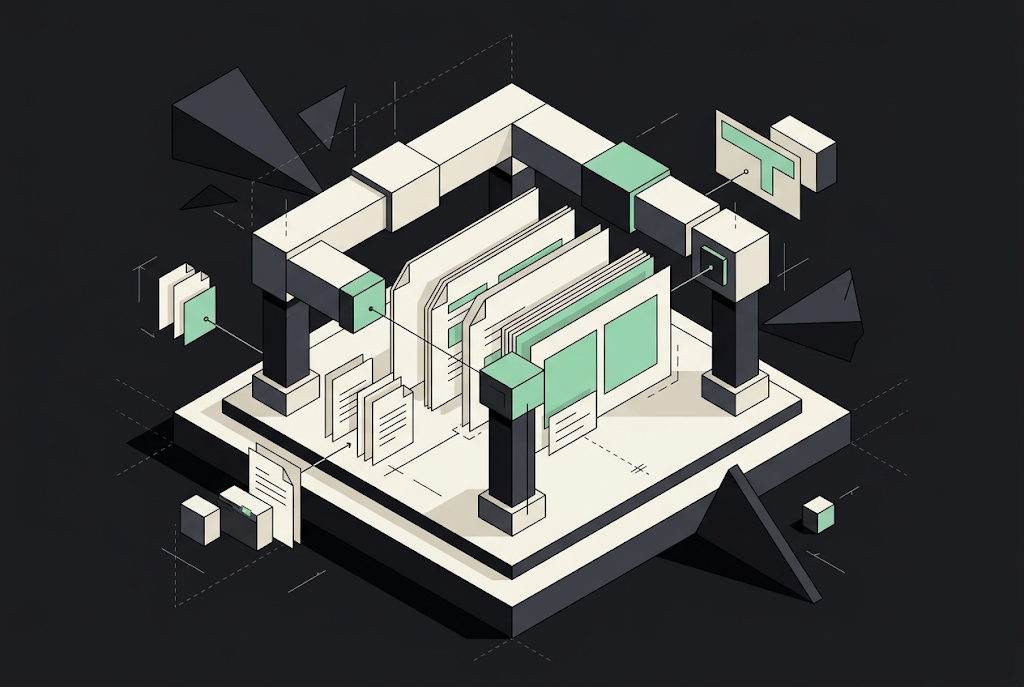 Isometric illustration of an abstract architectural structure with green glass panels and geometric black fragments floating…