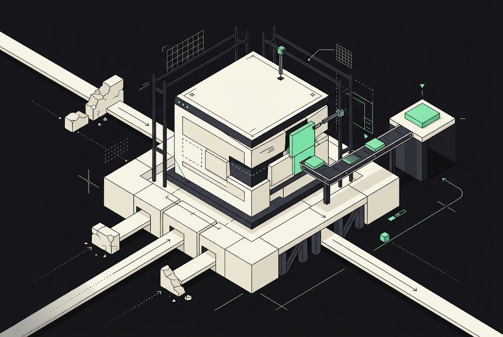 Isometric illustration of a building with interconnected digital infrastructure elements representing integrated SEO and sea…