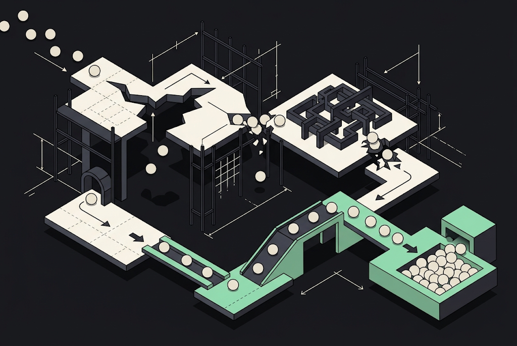 Isometric illustration of interconnected website sections and user pathways representing user experience and conversion opti…