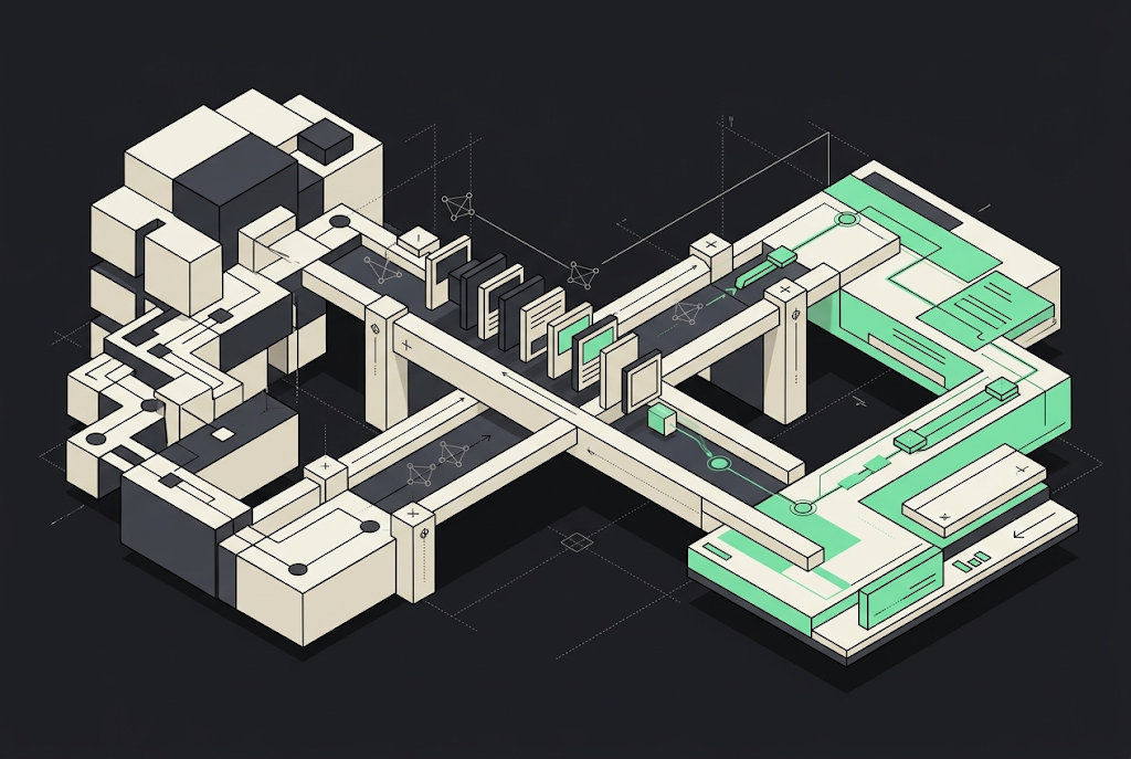 Isometric illustration of interconnected website structures and pathways representing the technical complexity of migrating…