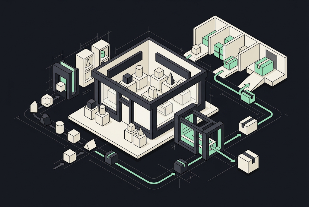 Isometric illustration of a modular ecommerce platform architecture showing connected storefront, inventory systems, and dat…